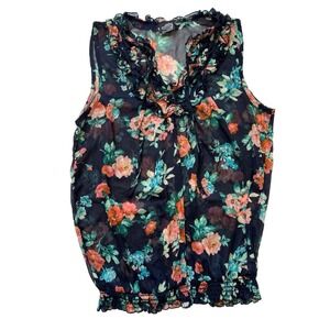 THX Thanx Collection Women's Sheer Ruffled Neckline Elastic Waist Floral Top XL